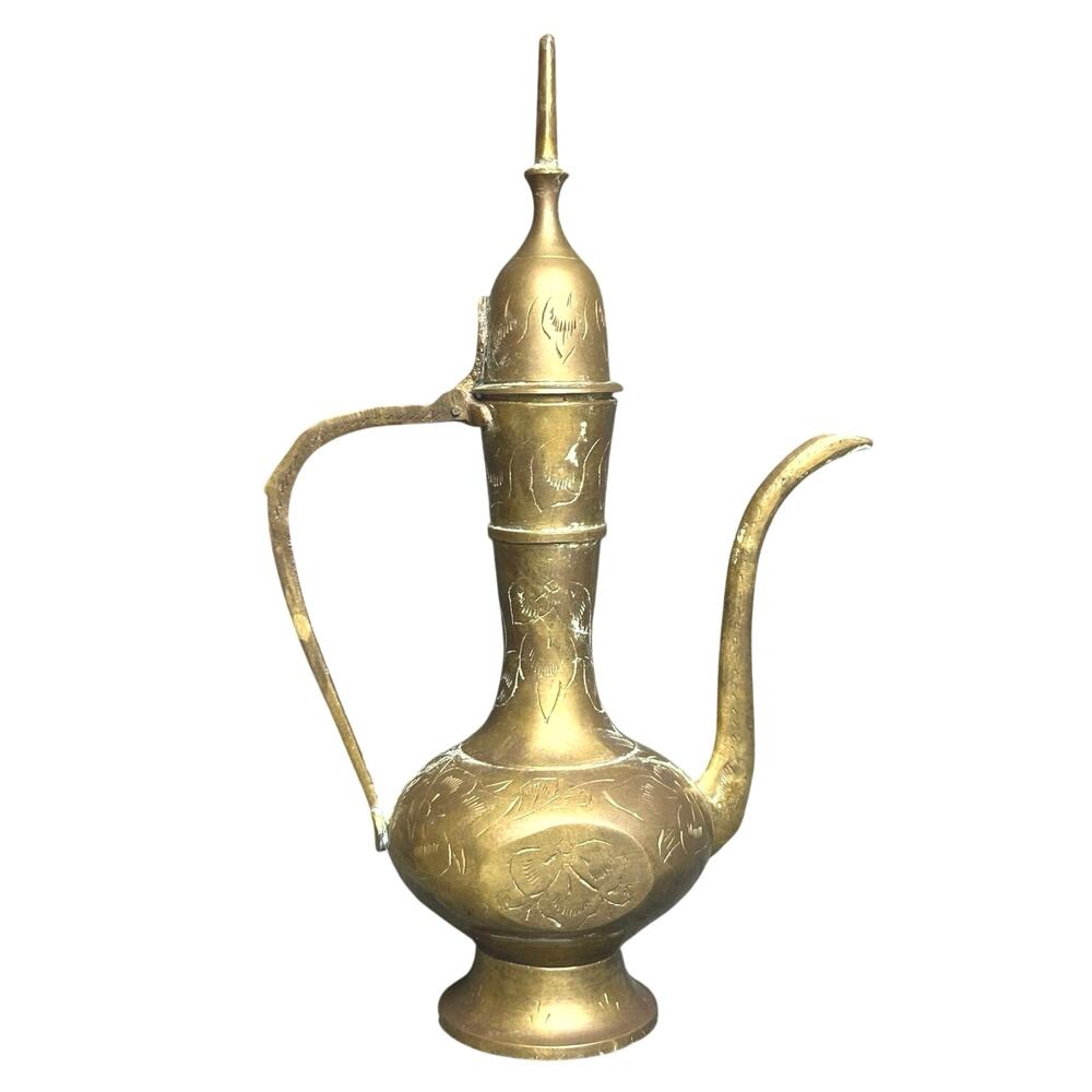 Vintage brass coffee pot Aftaba Ewer genie pitcher India etched ornate 9.5” boho